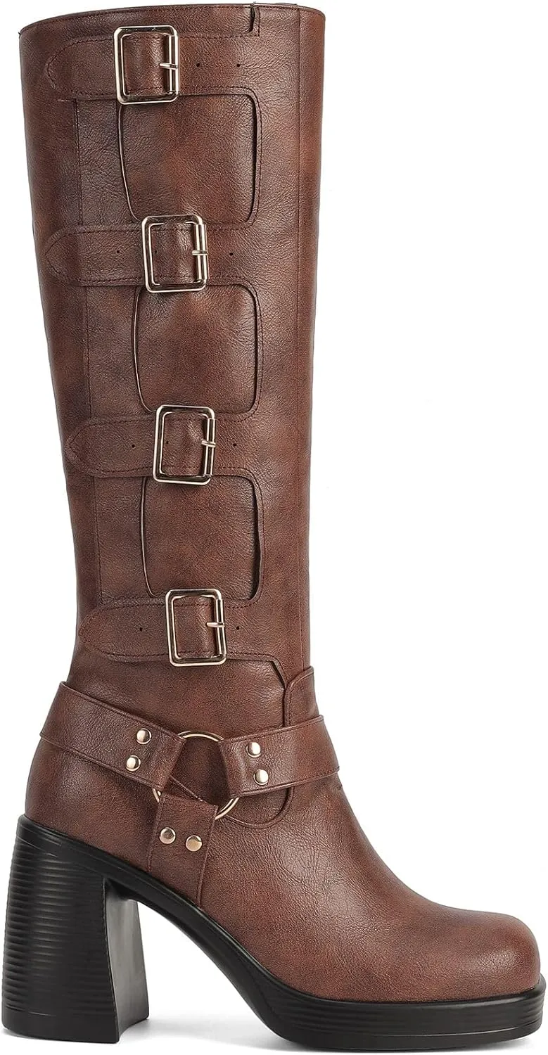 Women Goth Knee High Boots Square Toe Chunky Heel GOGO Boots Platform Pull on Knee Length Boot with Buckle