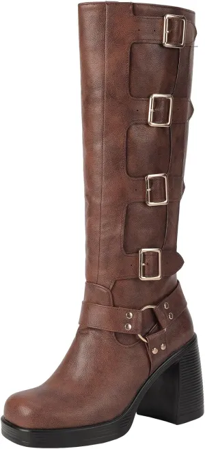 Women Goth Knee High Boots Square Toe Chunky Heel GOGO Boots Platform Pull on Knee Length Boot with Buckle