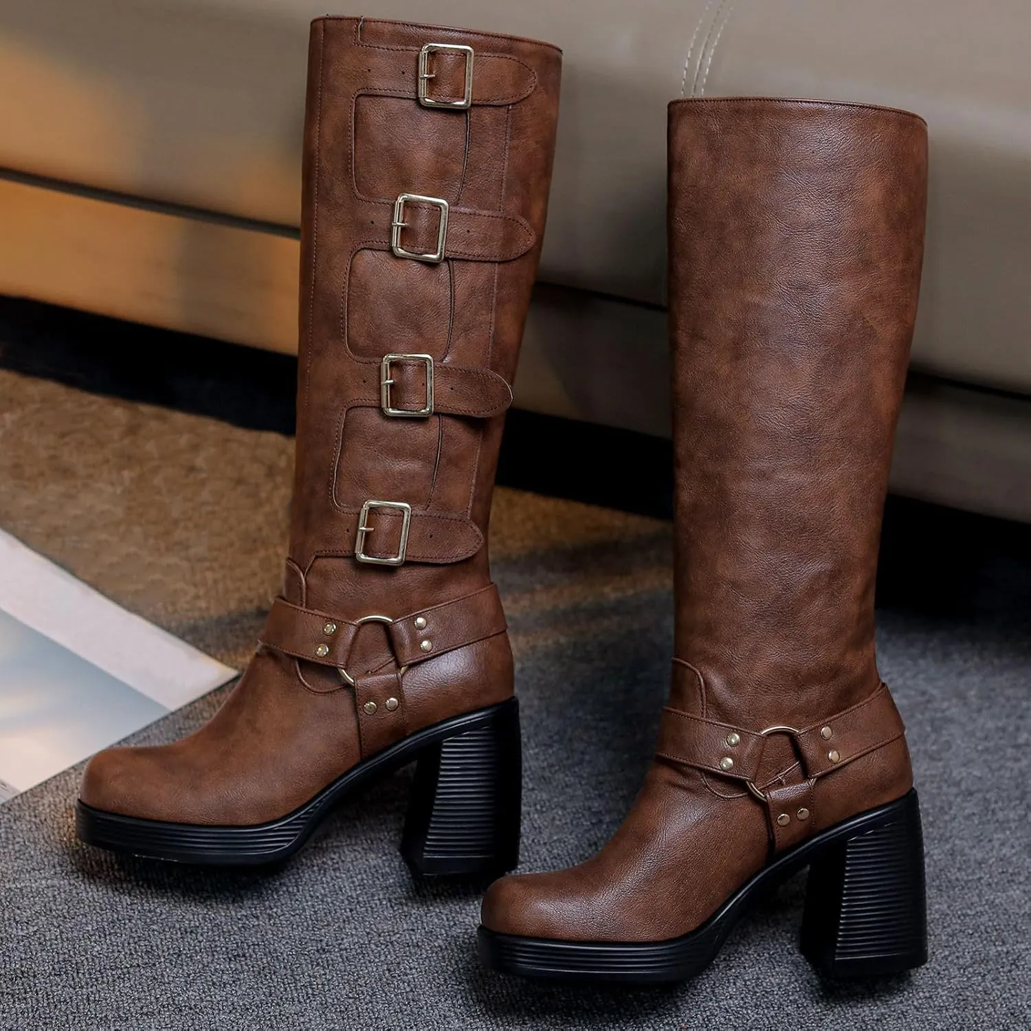 Women Goth Knee High Boots Square Toe Chunky Heel GOGO Boots Platform Pull on Knee Length Boot with Buckle
