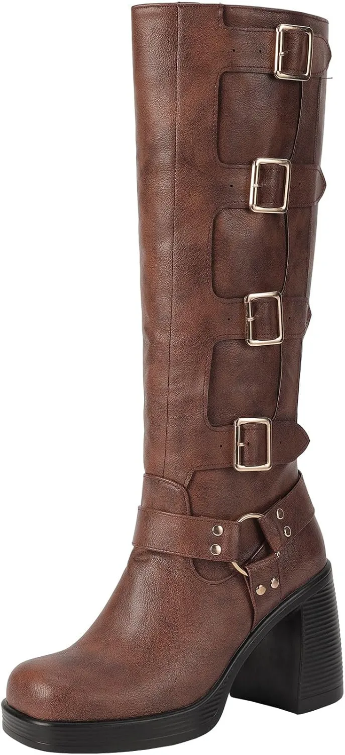 Women Goth Knee High Boots Square Toe Chunky Heel GOGO Boots Platform Pull on Knee Length Boot with Buckle