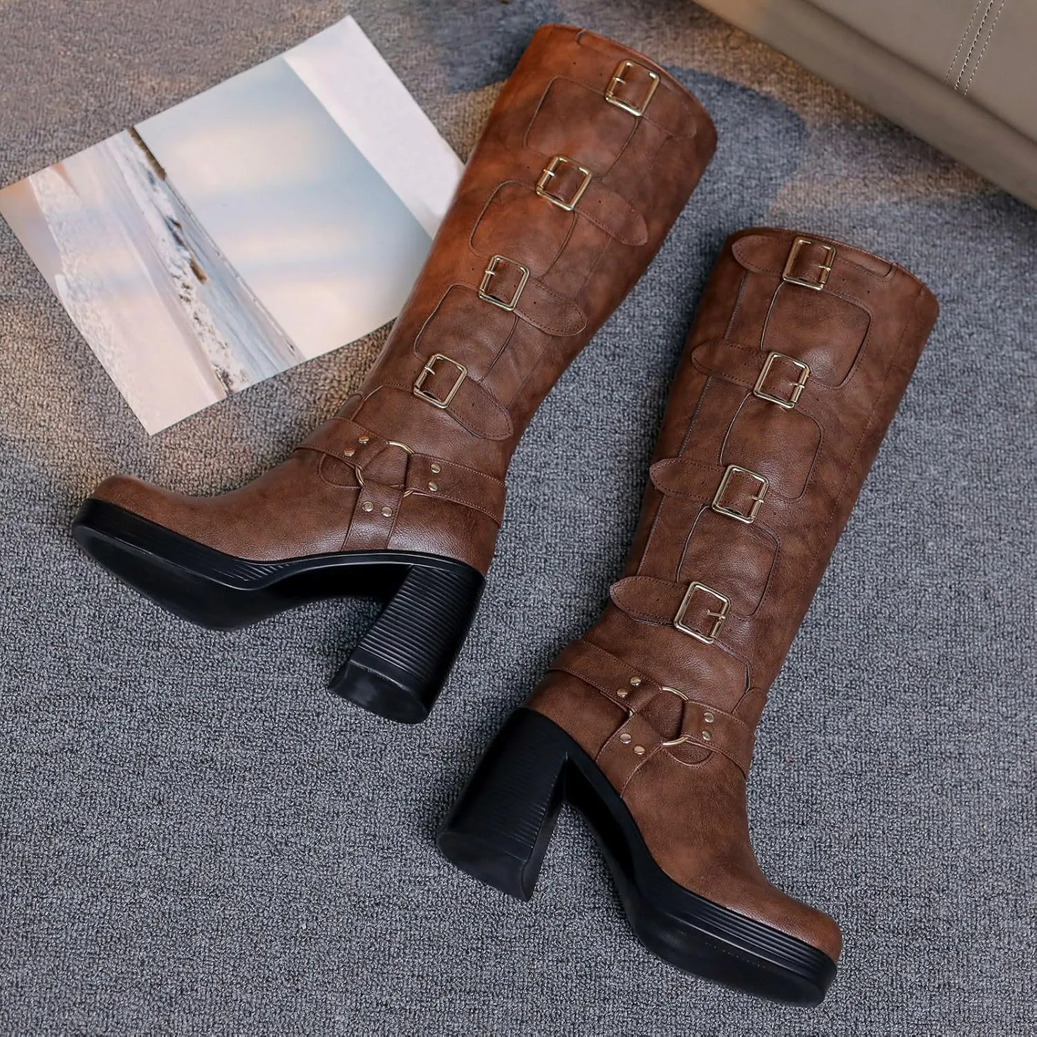 Women Goth Knee High Boots Square Toe Chunky Heel GOGO Boots Platform Pull on Knee Length Boot with Buckle