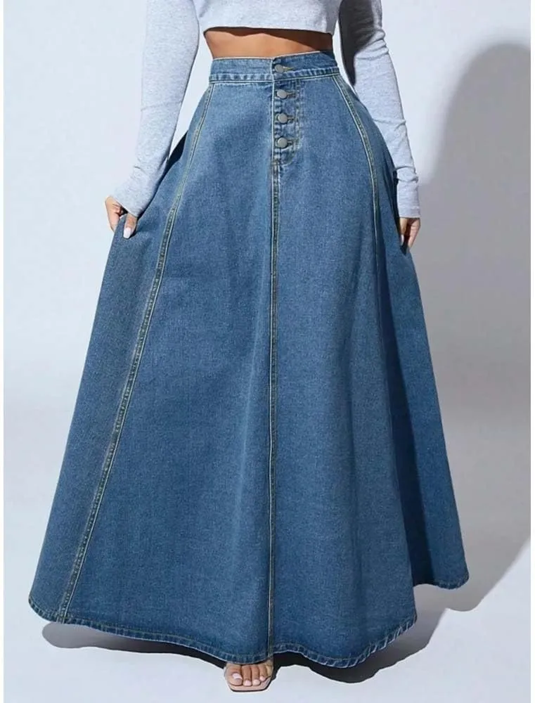 Women High Waist A Line Denim Skirt Button Front Maxi Skirt Elegant Casual Vintage Long Skirt Streetwear