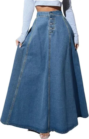 Women High Waist A Line Denim Skirt Button Front Maxi Skirt Elegant Casual Vintage Long Skirt Streetwear