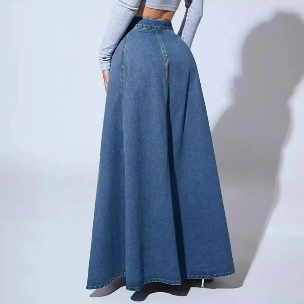 Women High Waist A Line Denim Skirt Button Front Maxi Skirt Elegant Casual Vintage Long Skirt Streetwear