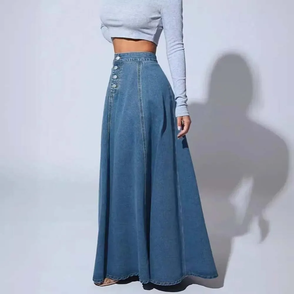 Women High Waist A Line Denim Skirt Button Front Maxi Skirt Elegant Casual Vintage Long Skirt Streetwear