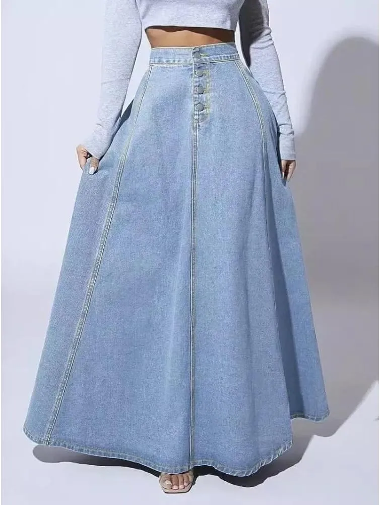 Women High Waist A Line Denim Skirt Button Front Maxi Skirt Elegant Casual Vintage Long Skirt Streetwear