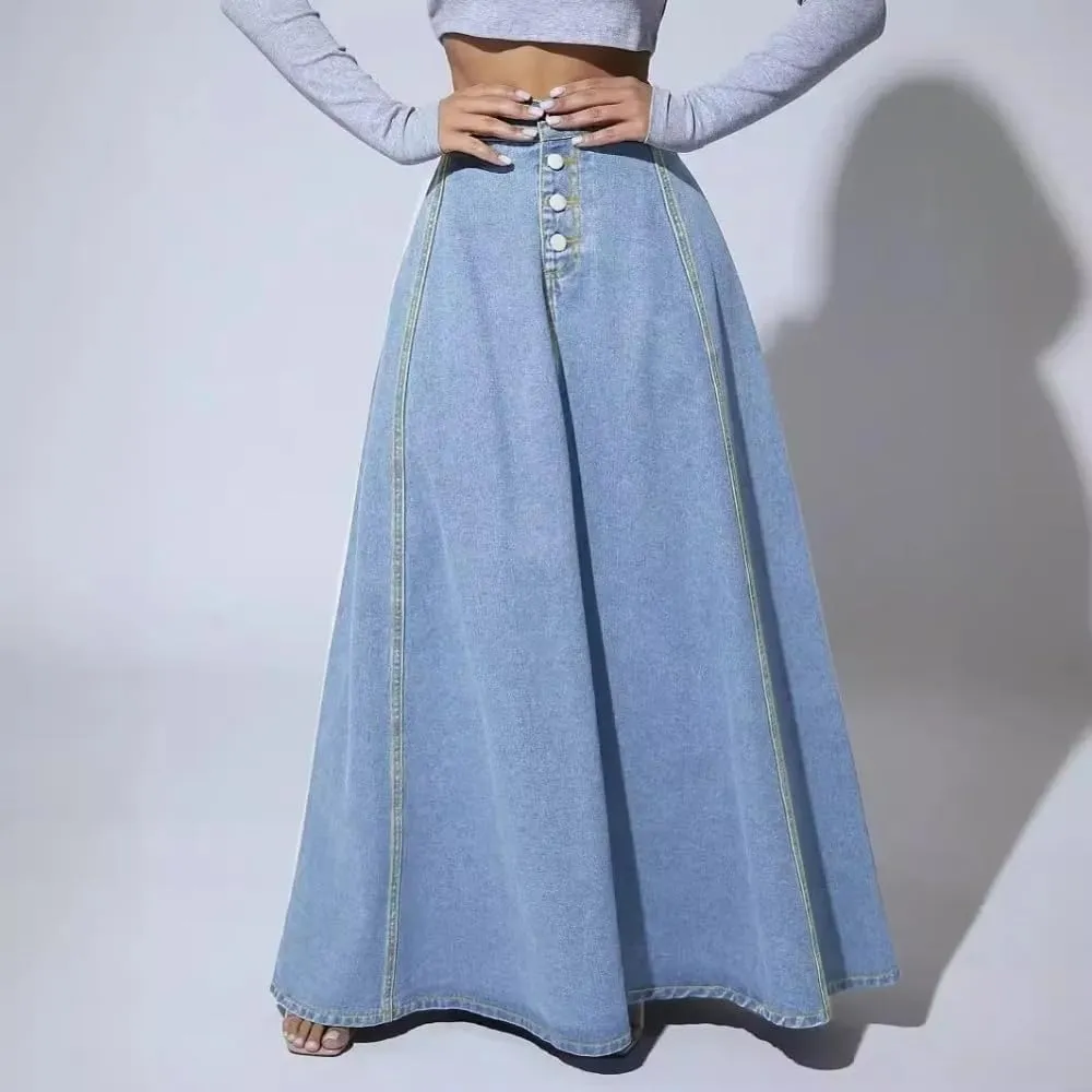 Women High Waist A Line Denim Skirt Button Front Maxi Skirt Elegant Casual Vintage Long Skirt Streetwear
