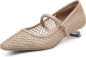 Women Mesh Ballet Flats Chunky Low Heel Buckle Strap Dressy Casual Shoes