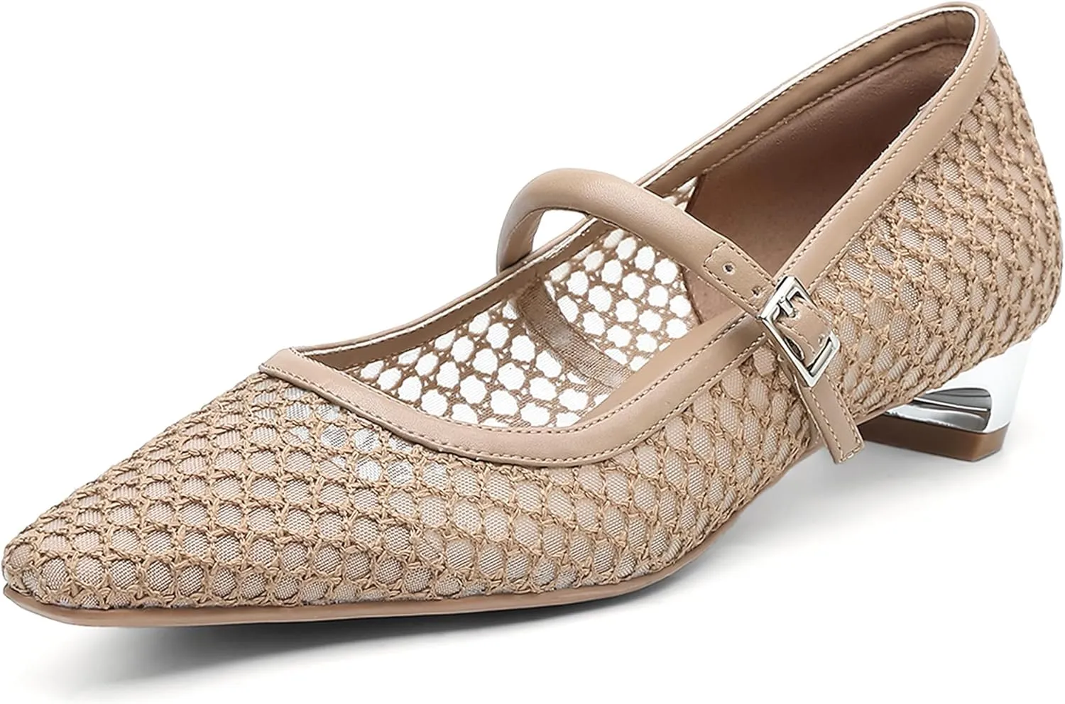 Women Mesh Ballet Flats Chunky Low Heel Buckle Strap Dressy Casual Shoes
