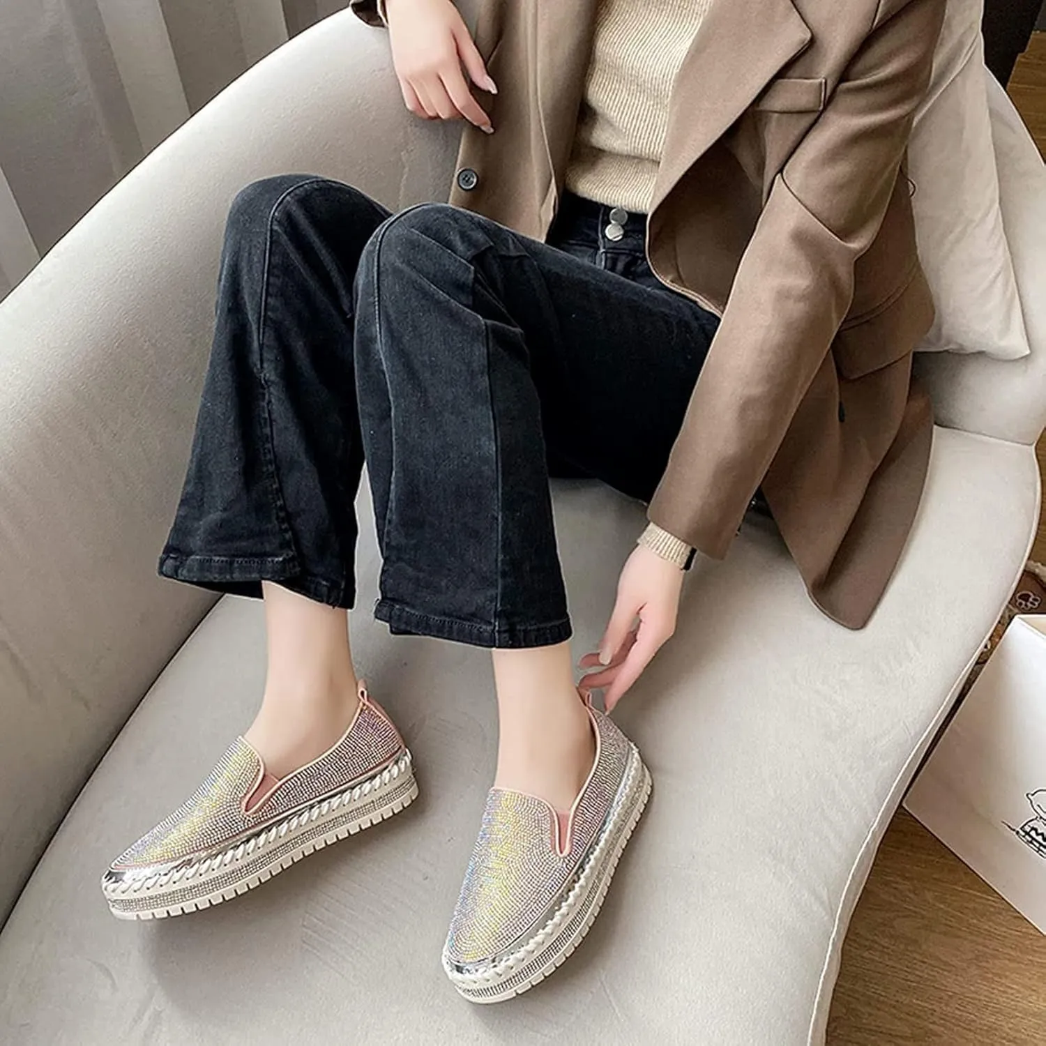 Women Rhinestone Platform Loafers,Glitter Fashion Slip-On Sparkle Bling Sequin Sneakers Fall 2022 Casual Flat