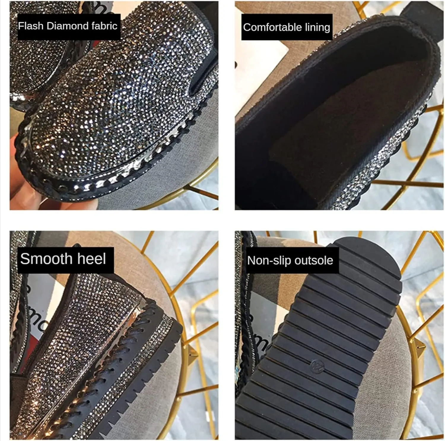 Women Rhinestone Platform Loafers,Glitter Fashion Slip-On Sparkle Bling Sequin Sneakers Fall 2022 Casual Flat