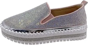 Women Rhinestone Platform Loafers,Glitter Fashion Slip-On Sparkle Bling Sequin Sneakers Fall 2022 Casual Flat