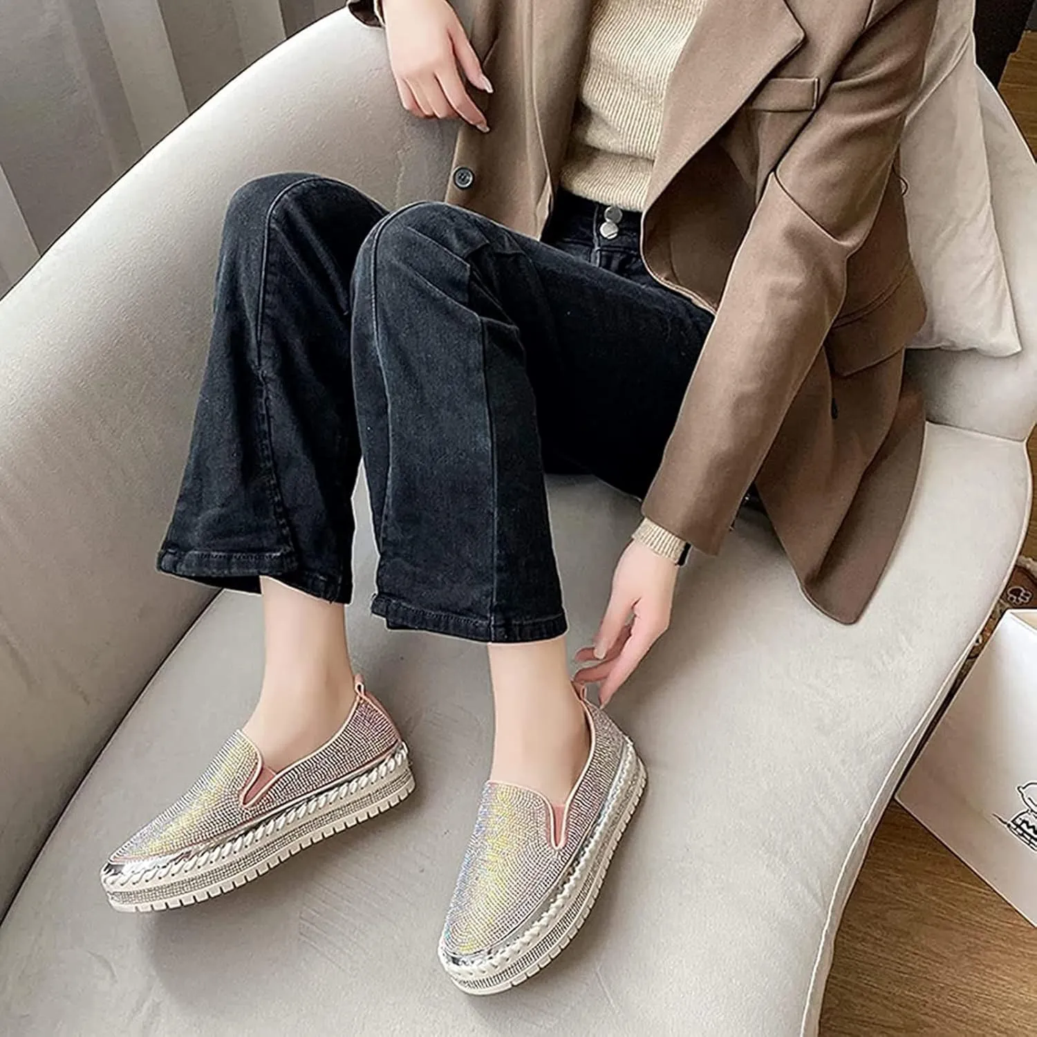 Women Rhinestone Platform Loafers,Glitter Fashion Slip-On Sparkle Bling Sequin Sneakers Fall 2022 Casual Flat
