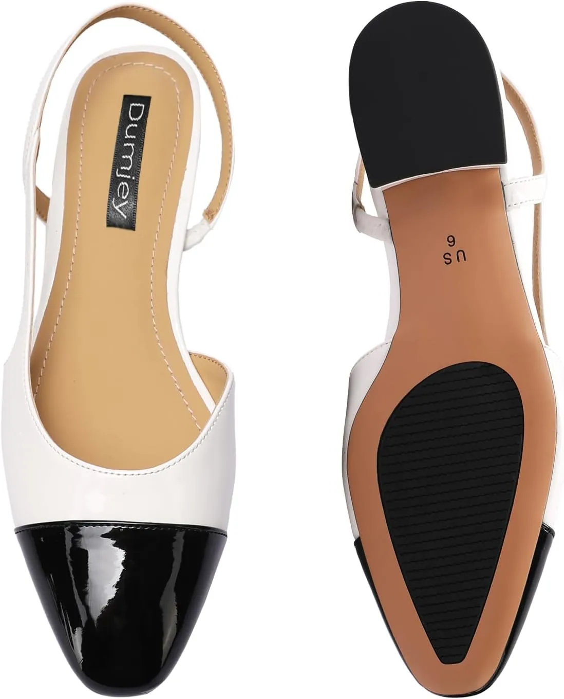 Women Slingback Flat Pumps Block Low Heeled Sandals Two Toned Cap Toe Dress Flats Slide Shoes for Formal Casual Wear