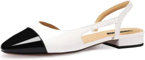 Women Slingback Flat Pumps Block Low Heeled Sandals Two Toned Cap Toe Dress Flats Slide Shoes for Formal Casual Wear