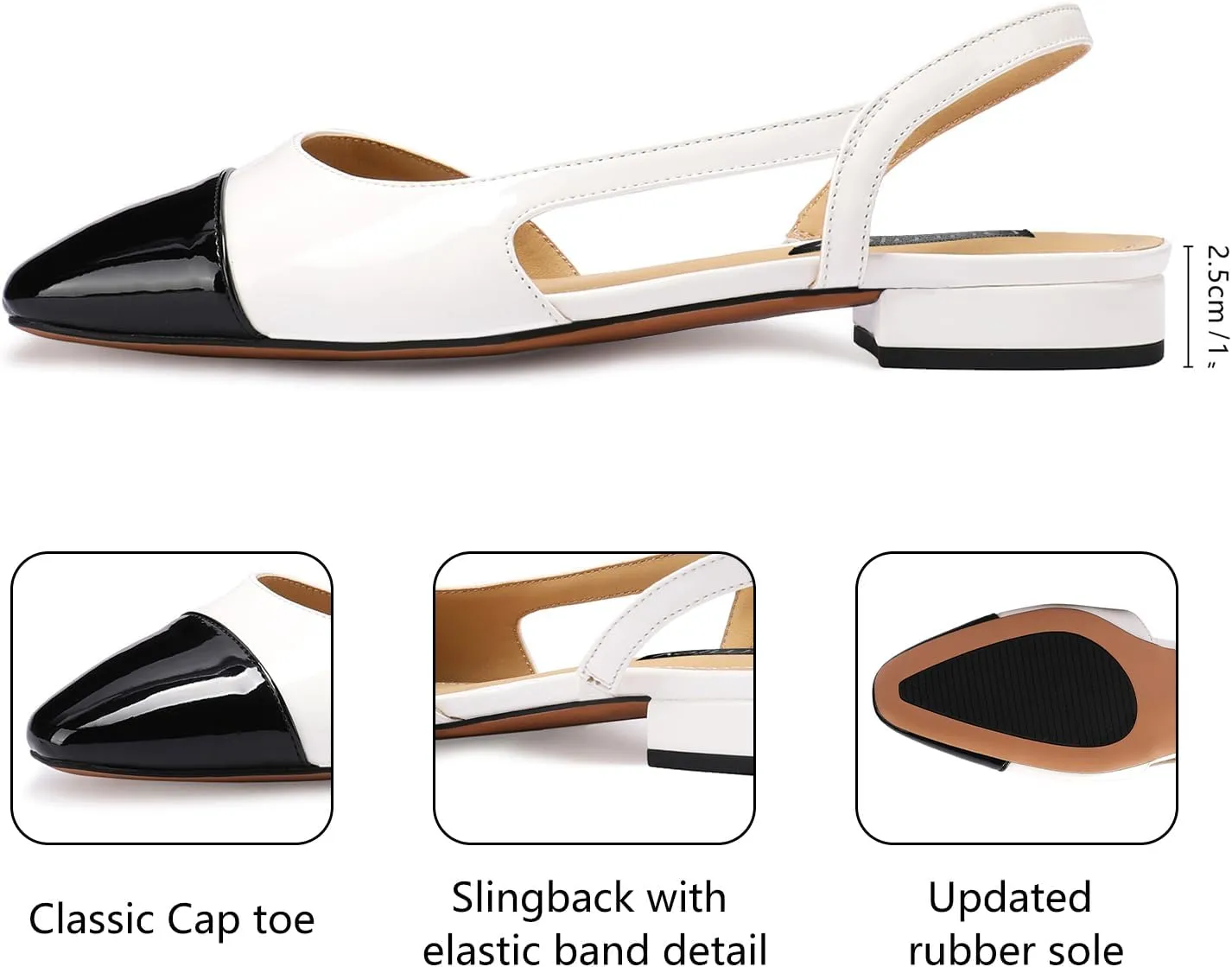Women Slingback Flat Pumps Block Low Heeled Sandals Two Toned Cap Toe Dress Flats Slide Shoes for Formal Casual Wear