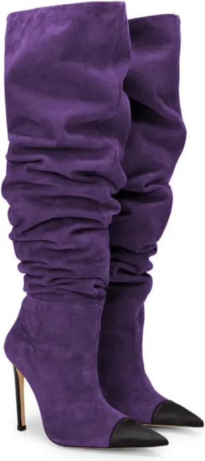 Women Soft Plicated Suede Stiletto Heel Knee High Boots, Sexy Cap Toe Thigh Boots, Retro Patchwork Black Mid-Calf Boots, Stretch Slip-on Winter Warm Boots for Dress up, Full Size 4-16 M US