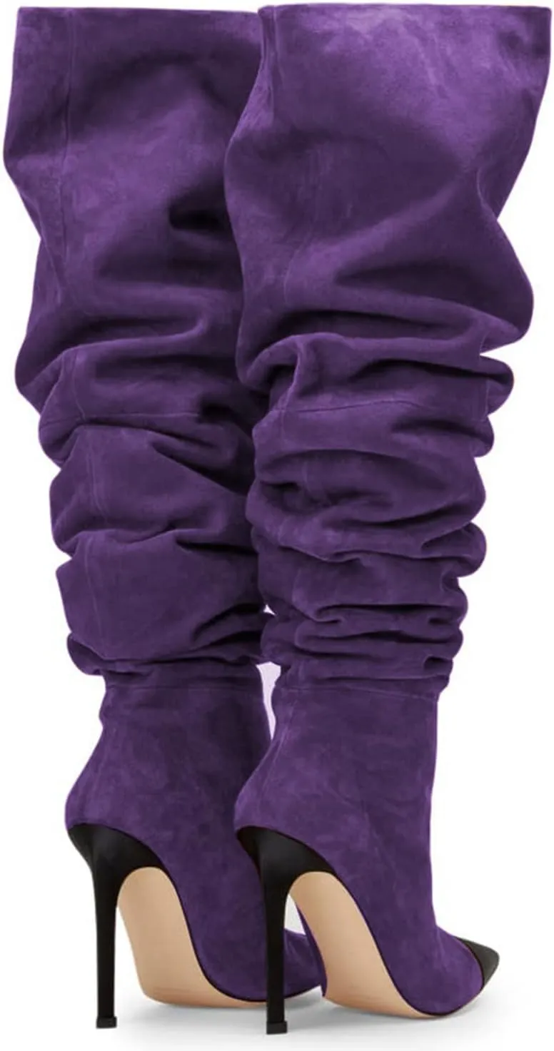 Women Soft Plicated Suede Stiletto Heel Knee High Boots, Sexy Cap Toe Thigh Boots, Retro Patchwork Black Mid-Calf Boots, Stretch Slip-on Winter Warm Boots for Dress up, Full Size 4-16 M US