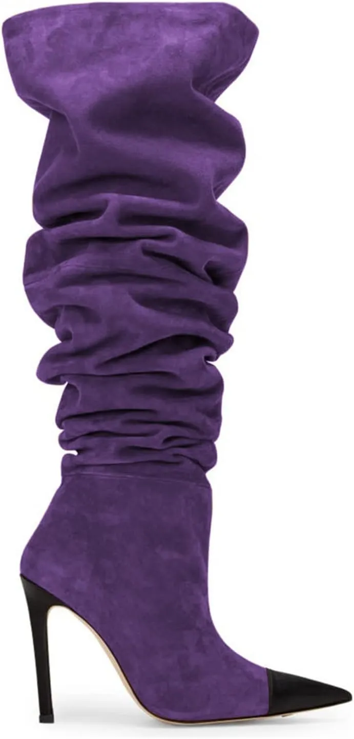 Women Soft Plicated Suede Stiletto Heel Knee High Boots, Sexy Cap Toe Thigh Boots, Retro Patchwork Black Mid-Calf Boots, Stretch Slip-on Winter Warm Boots for Dress up, Full Size 4-16 M US