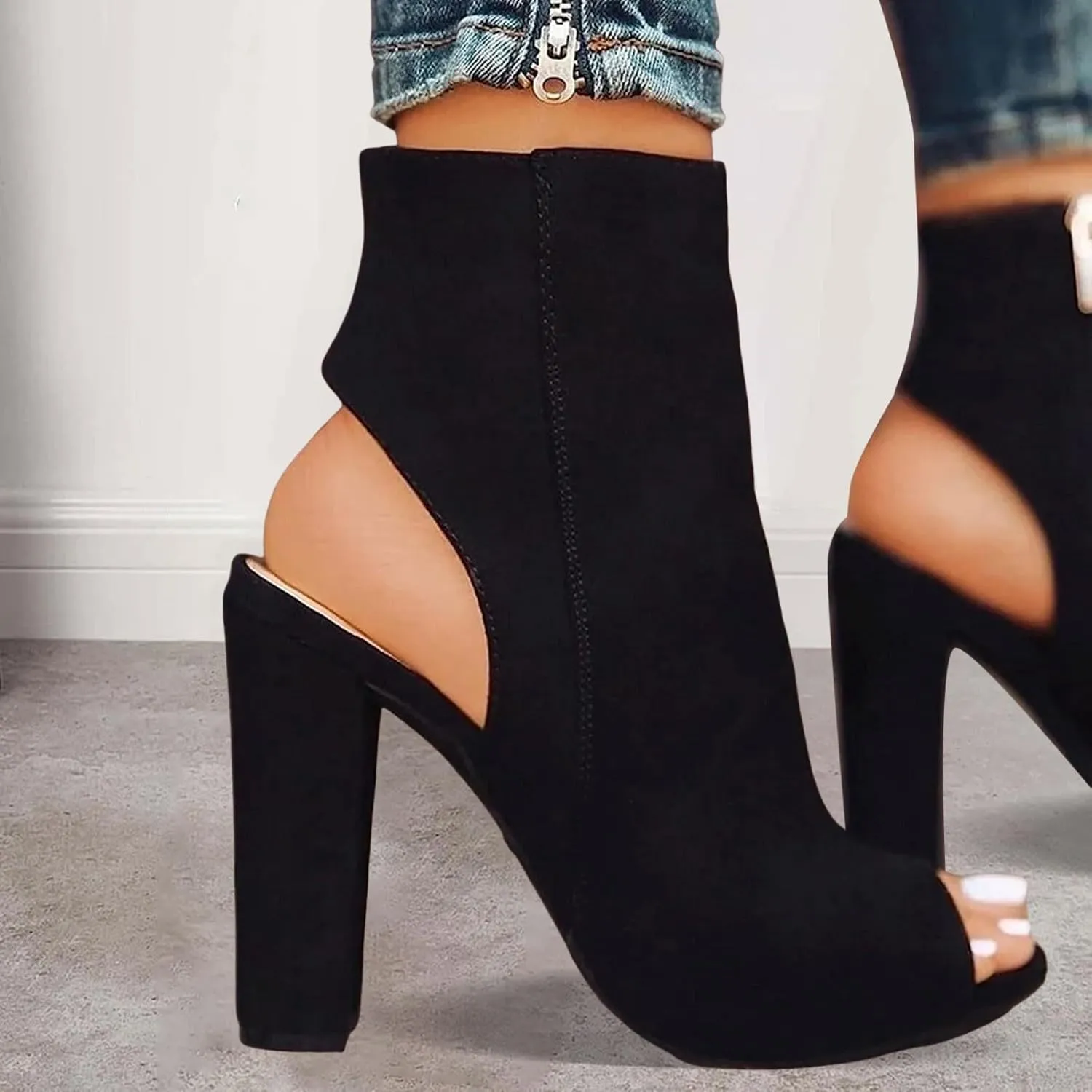 Womens Ankle Boots Dressy Open Toe High Heel Boots for Women Side Zipper Casual Trendy Outdoor Women Boots