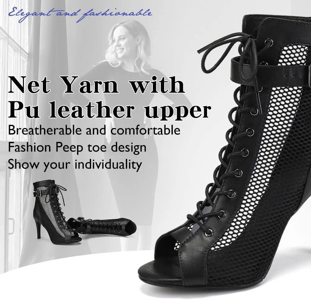 Women's Ballroom Dance Heels Booties Peep Toe Mesh Latin Salsa Dancing Boots with 4 Inch Heels