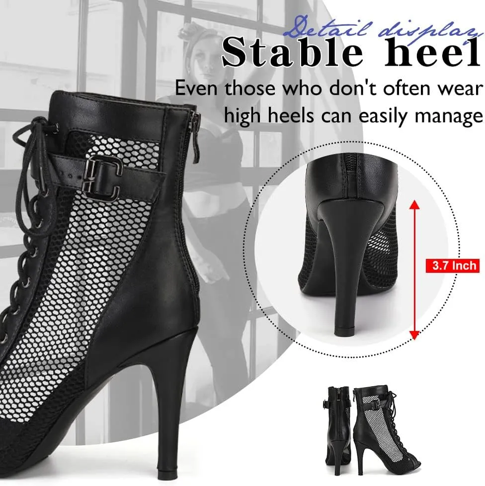 Women's Ballroom Dance Heels Booties Peep Toe Mesh Latin Salsa Dancing Boots with 4 Inch Heels