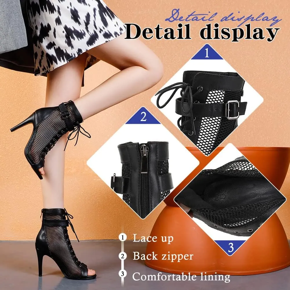 Women's Ballroom Dance Heels Booties Peep Toe Mesh Latin Salsa Dancing Boots with 4 Inch Heels