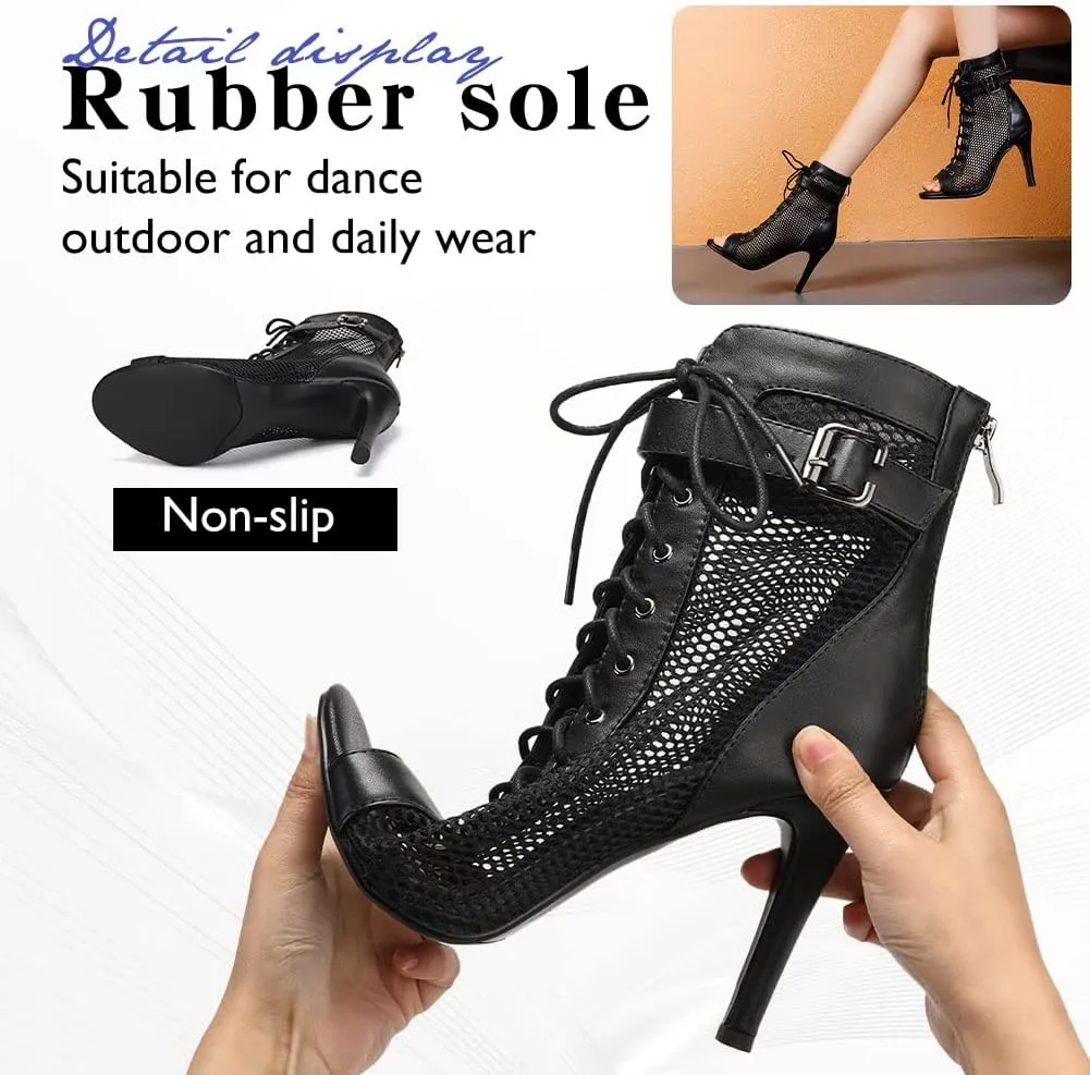 Women's Ballroom Dance Heels Booties Peep Toe Mesh Latin Salsa Dancing Boots with 4 Inch Heels