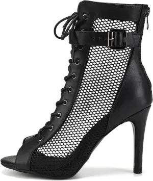 Women's Ballroom Dance Heels Booties Peep Toe Mesh Latin Salsa Dancing Boots with 4 Inch Heels