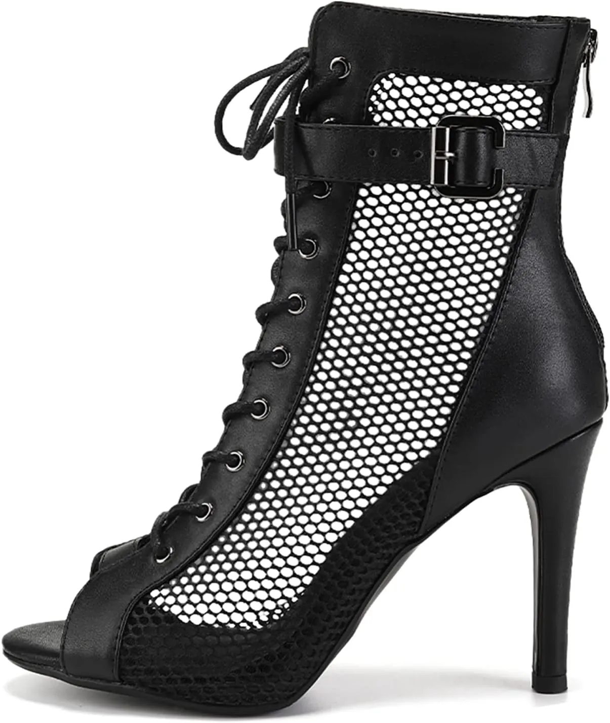 Women's Ballroom Dance Heels Booties Peep Toe Mesh Latin Salsa Dancing Boots with 4 Inch Heels