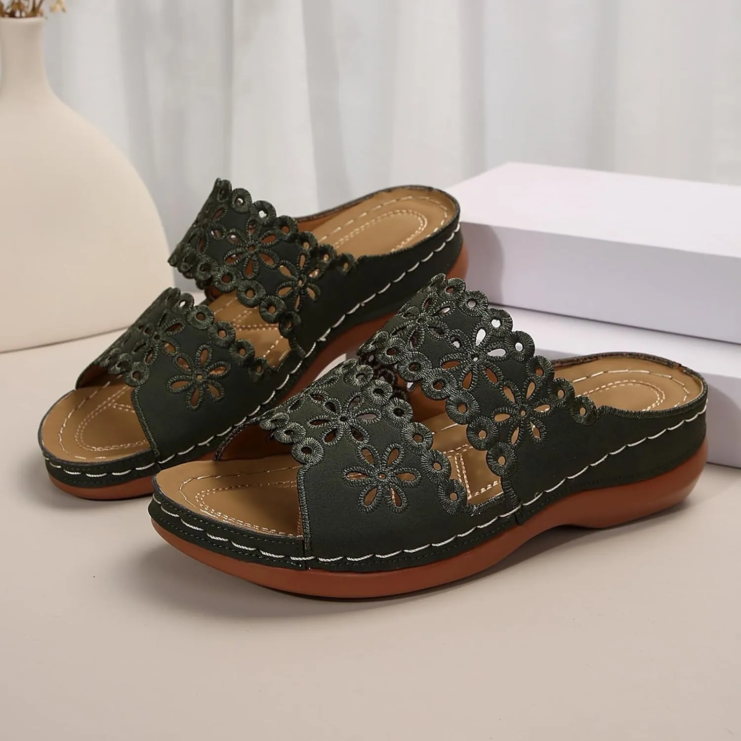 Women's Bohemian Orthotic Sandals Hollow Out Floral Embroidered Slip On Slides Arch Support Athletic Platform Walking Sandals