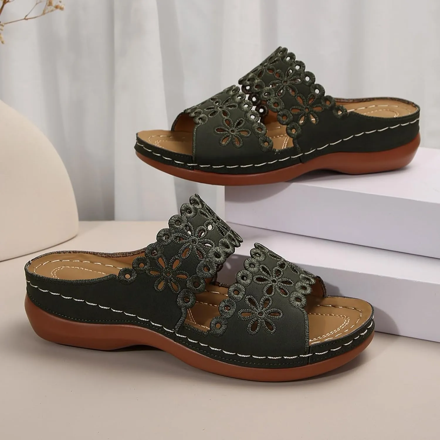 Women's Bohemian Orthotic Sandals Hollow Out Floral Embroidered Slip On Slides Arch Support Athletic Platform Walking Sandals