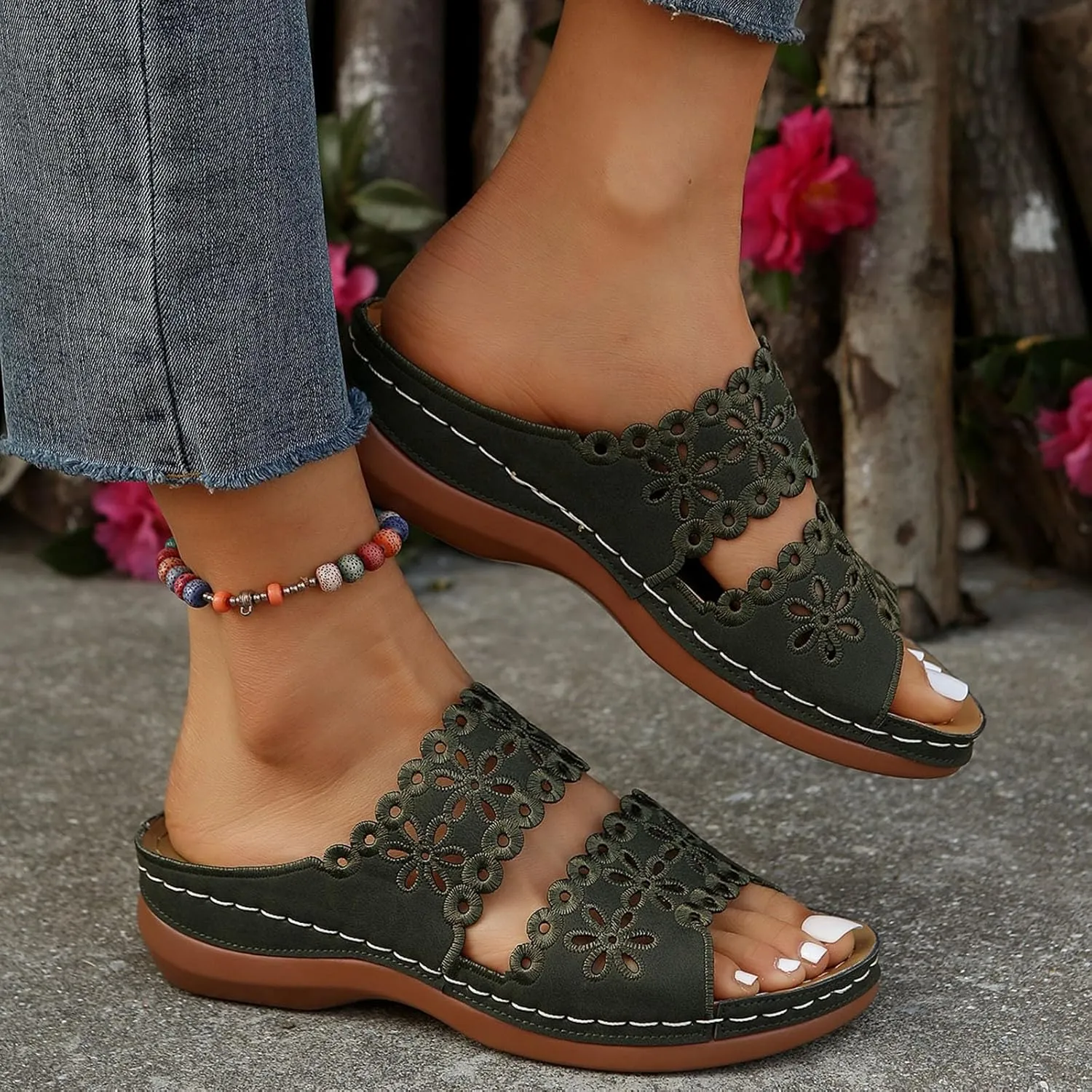 Women's Bohemian Orthotic Sandals Hollow Out Floral Embroidered Slip On Slides Arch Support Athletic Platform Walking Sandals