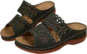 Women's Bohemian Orthotic Sandals Hollow Out Floral Embroidered Slip On Slides Arch Support Athletic Platform Walking Sandals