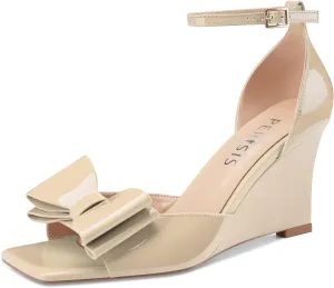 Women's Bow Heels Open Square Toe Wedge Sandals Summer Wedges Shoes with Ankle Strap Buckle Comfortable Dressy Female Shoes for Ladies
