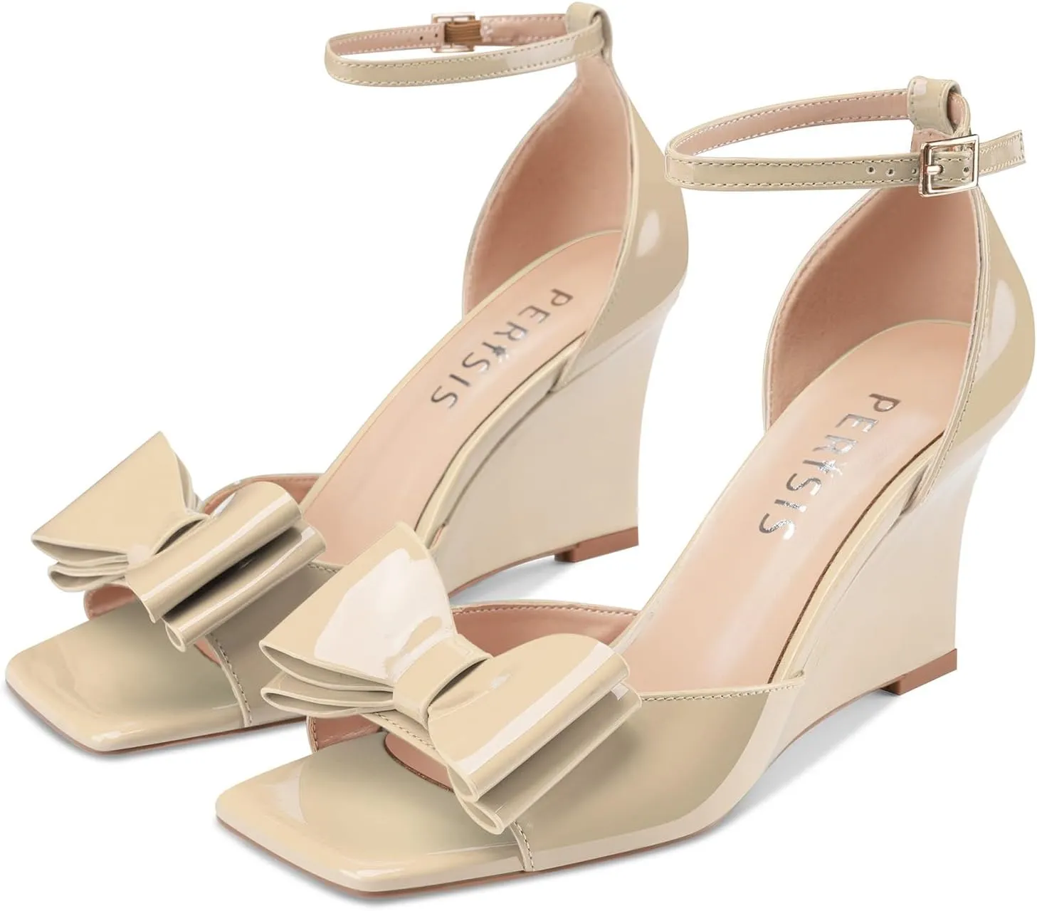 Women's Bow Heels Open Square Toe Wedge Sandals Summer Wedges Shoes with Ankle Strap Buckle Comfortable Dressy Female Shoes for Ladies
