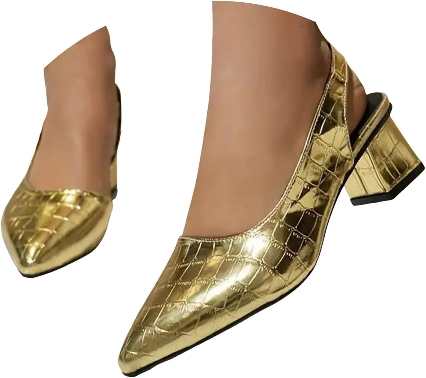 Women's Chunky Block Heels Shiny Pointed Toe Chunky High Heel Mules Trendy Slip-On Sandals Classic Retro Fashionable Footwear for Spring Summer Wedding Dress Shoes