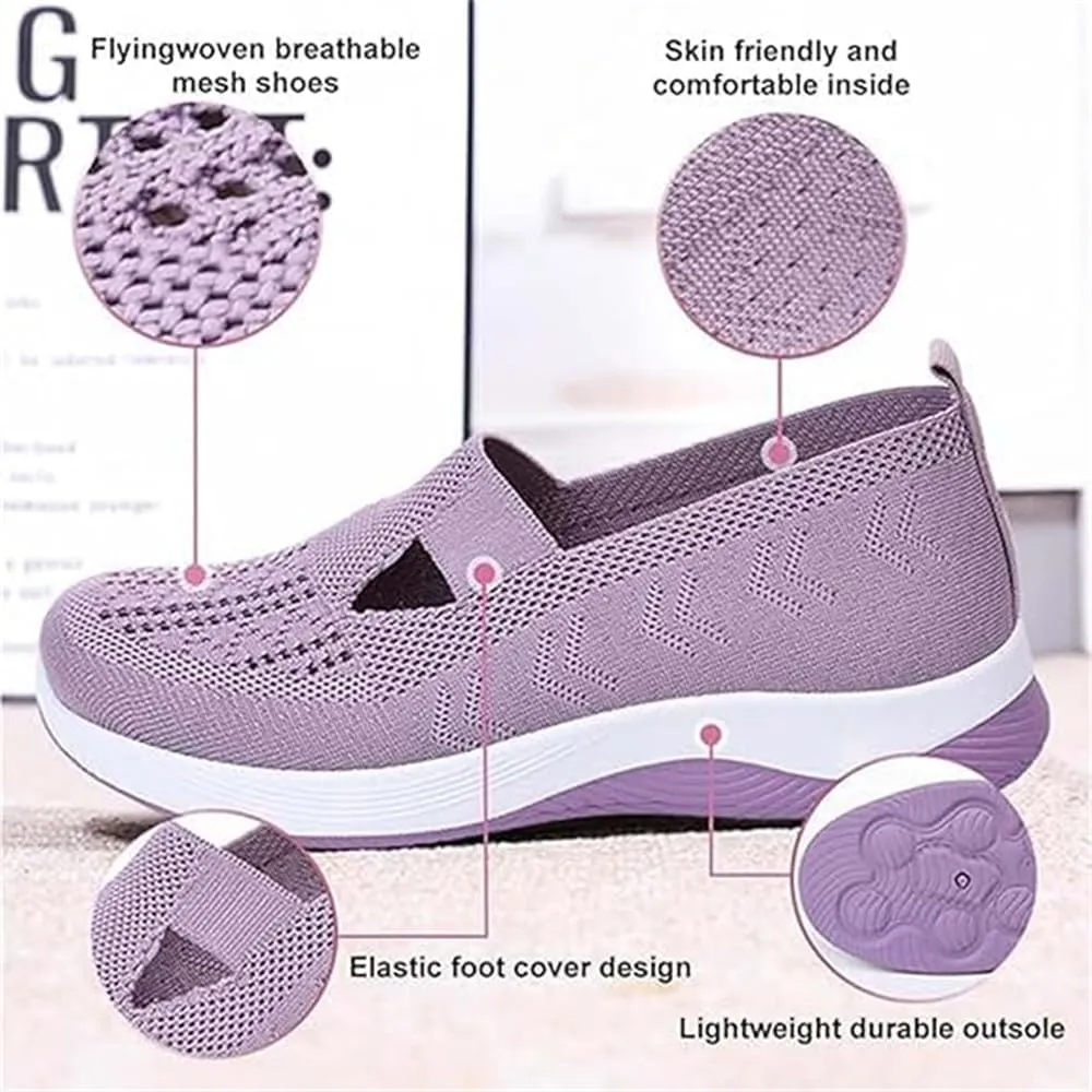 Women's Comfortable Breathable Knitted Sneakers, Outdoor Woven Cut-Out Orthopedic Soft Arch Support Walking Shoes for Women, Slip-On