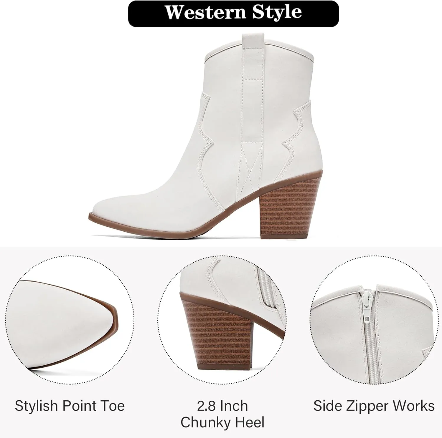 Women's Cowboy Ankle Boots Western Cowgirl Chunky Heeled Booties Classic Casual Comfortable Low Mid Heel Short Boots for Women.