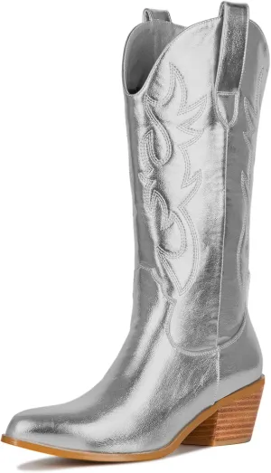 Women's Cowgirl Embroidered Western Cowboy Boots, Mid Calf Booties Pointed Toe Chunky Heel Pull On Fashion Design for Ladies, Party and Outdoor
