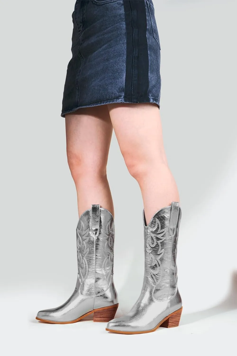 Women's Cowgirl Embroidered Western Cowboy Boots, Mid Calf Booties Pointed Toe Chunky Heel Pull On Fashion Design for Ladies, Party and Outdoor