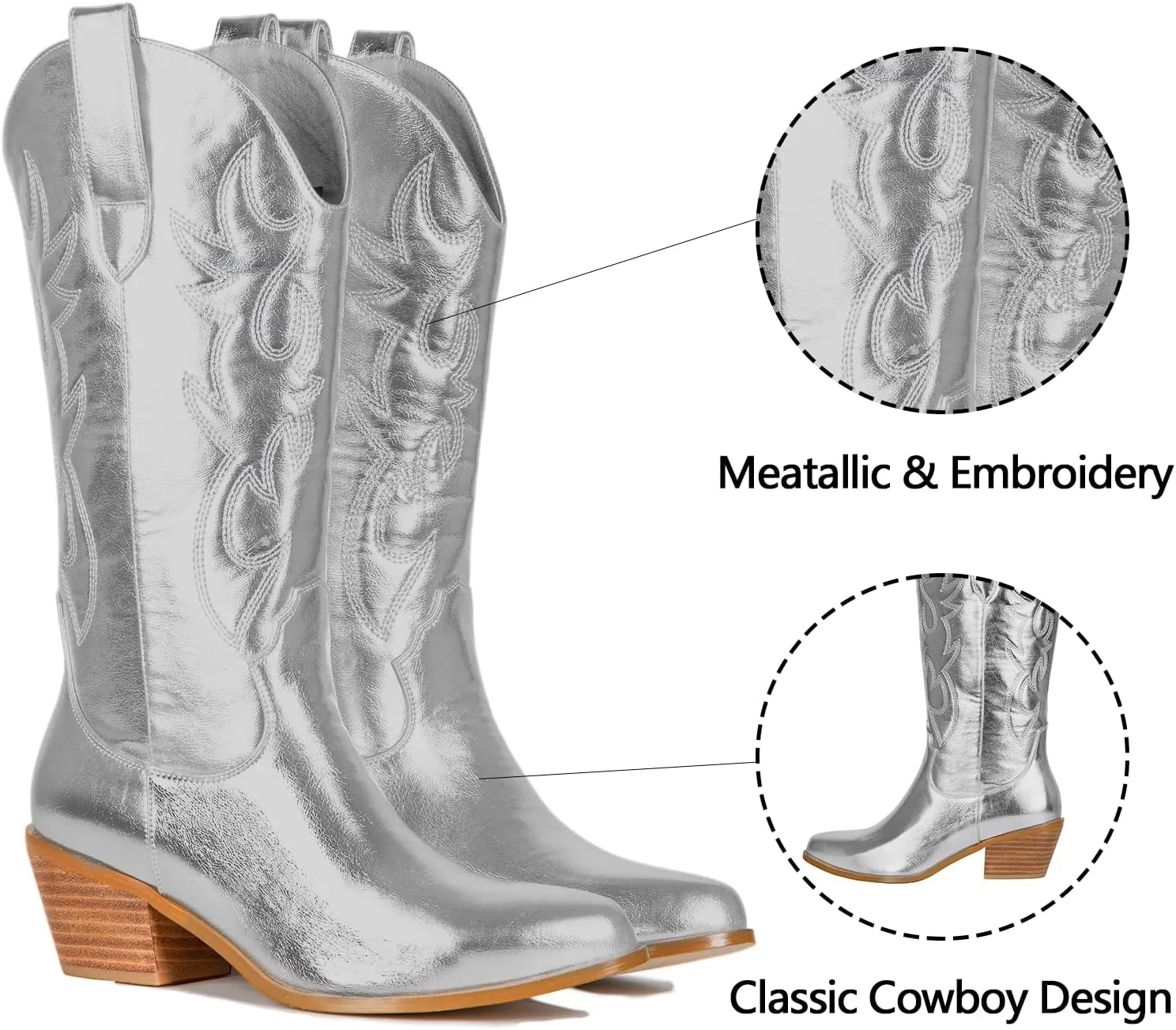 Women's Cowgirl Embroidered Western Cowboy Boots, Mid Calf Booties Pointed Toe Chunky Heel Pull On Fashion Design for Ladies, Party and Outdoor