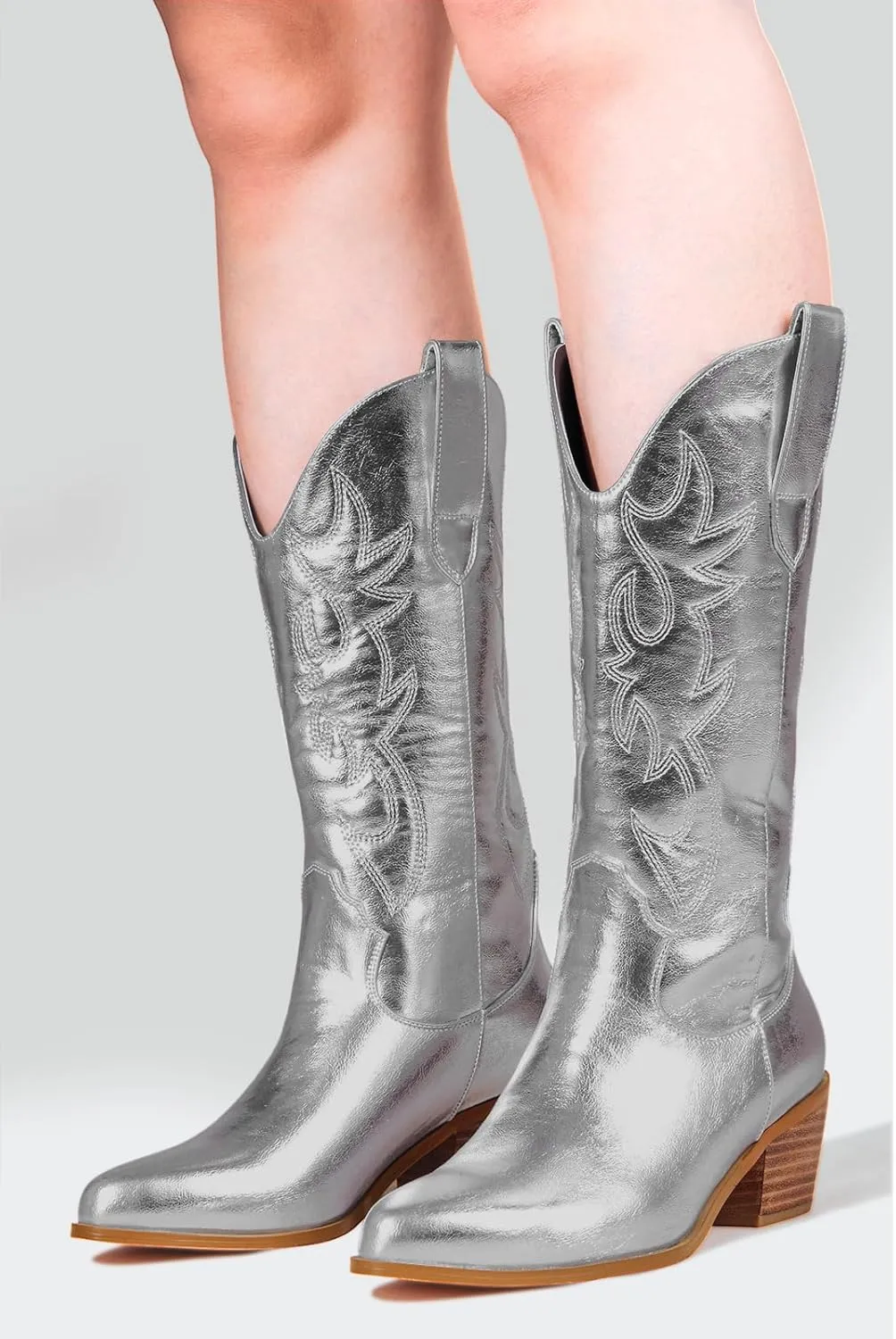 Women's Cowgirl Embroidered Western Cowboy Boots, Mid Calf Booties Pointed Toe Chunky Heel Pull On Fashion Design for Ladies, Party and Outdoor