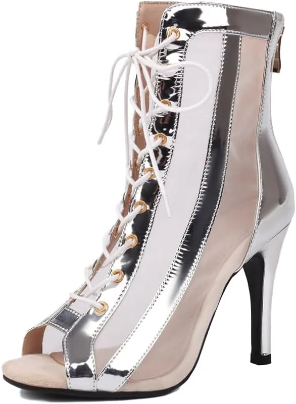 Women's Dance Boots DS118 Peep Toe Lace-up Ankle Dance Booties Latin Ballroom Salsa Heels