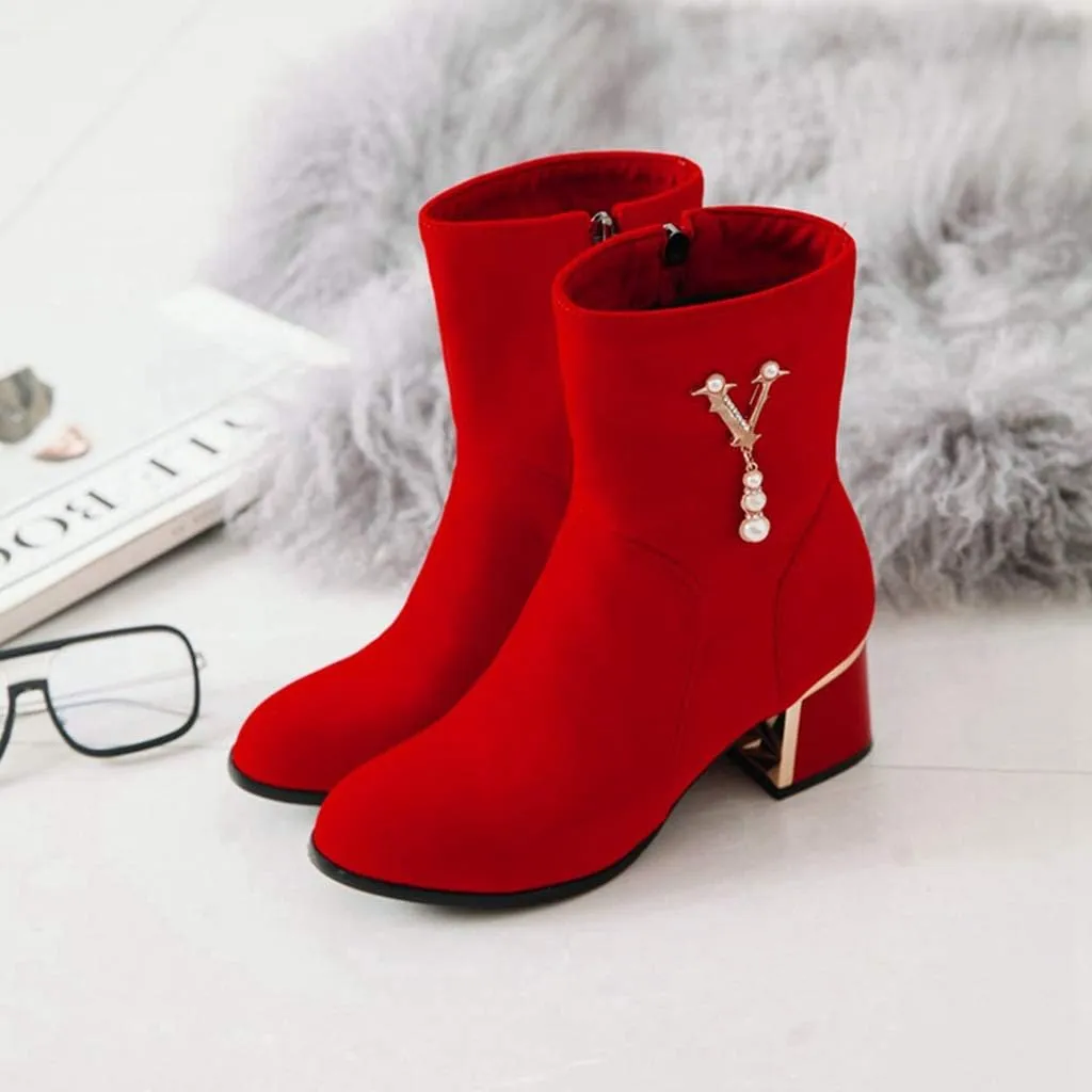 Women's Fashion Dress Ankle Boots Sparkle Pearls Round Toe Zip Chunky Mid Heel Wedding Short Booties