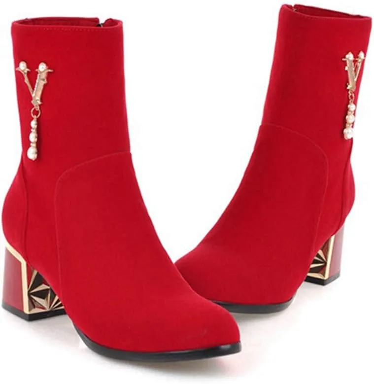 Women's Fashion Dress Ankle Boots Sparkle Pearls Round Toe Zip Chunky Mid Heel Wedding Short Booties