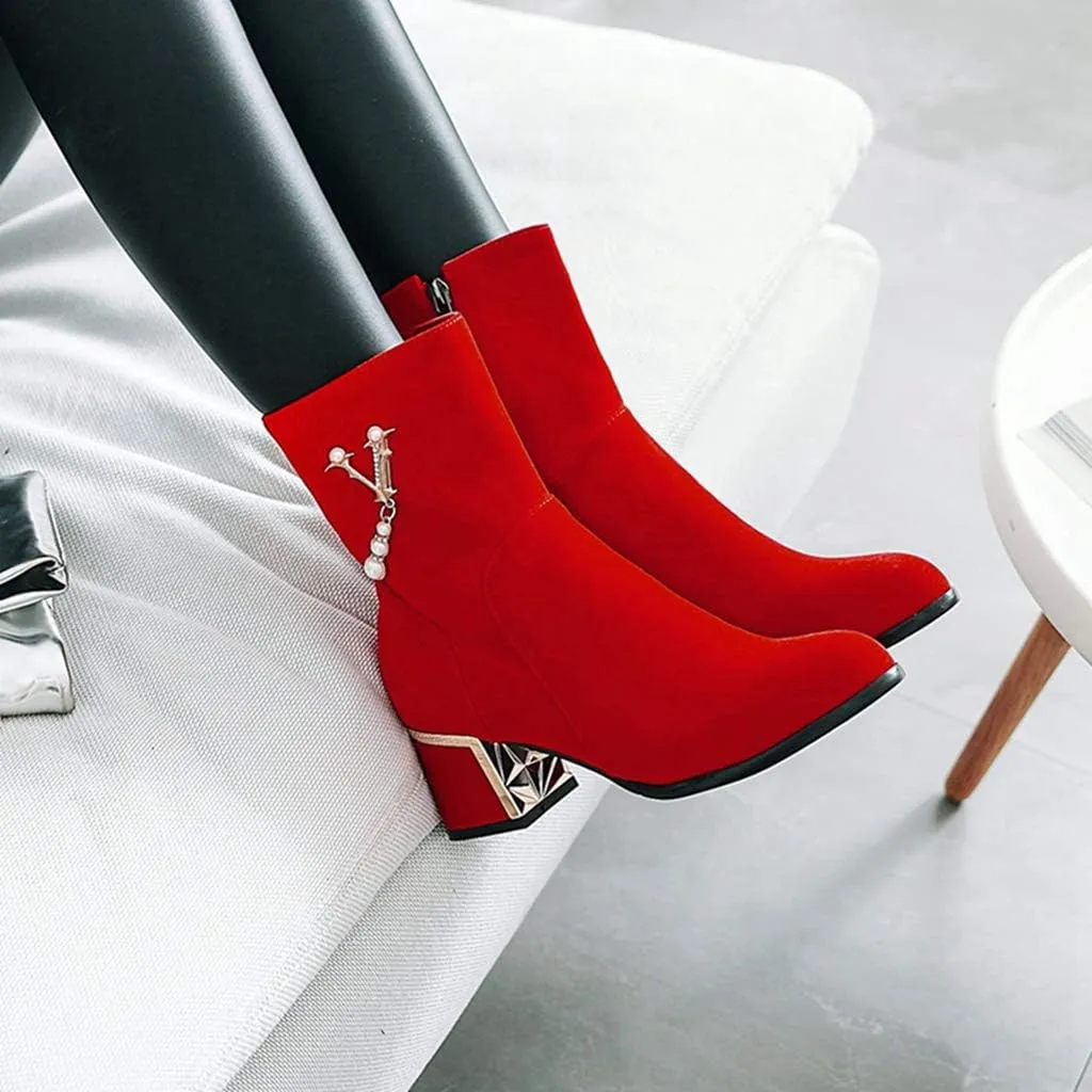 Women's Fashion Dress Ankle Boots Sparkle Pearls Round Toe Zip Chunky Mid Heel Wedding Short Booties