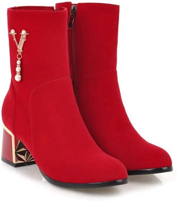 Women's Fashion Dress Ankle Boots Sparkle Pearls Round Toe Zip Chunky Mid Heel Wedding Short Booties