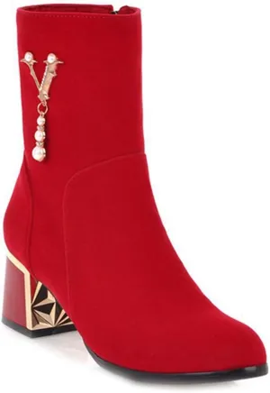 Women's Fashion Dress Ankle Boots Sparkle Pearls Round Toe Zip Chunky Mid Heel Wedding Short Booties