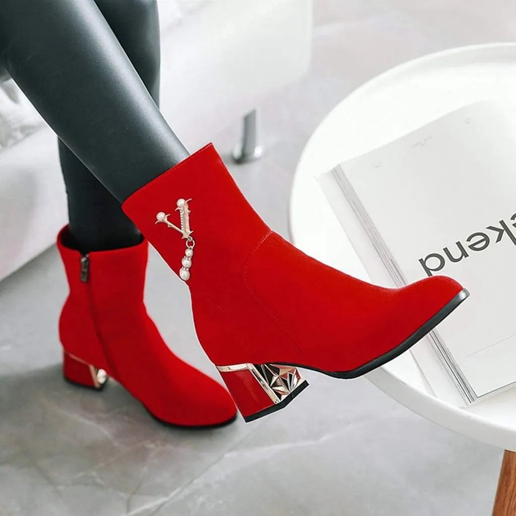 Women's Fashion Dress Ankle Boots Sparkle Pearls Round Toe Zip Chunky Mid Heel Wedding Short Booties